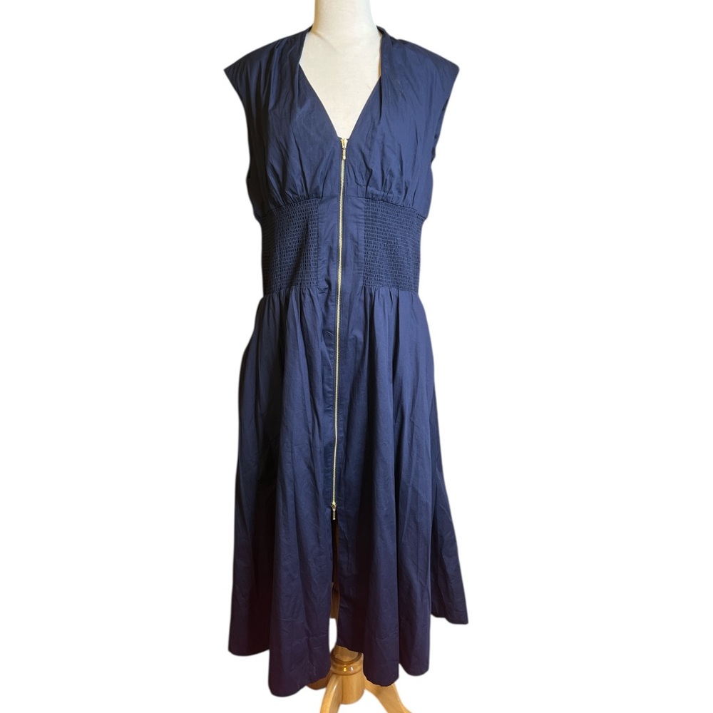 Anthropologie Deep Blue Cotton Midi Dress – Sleeveless, Gold Zip Front